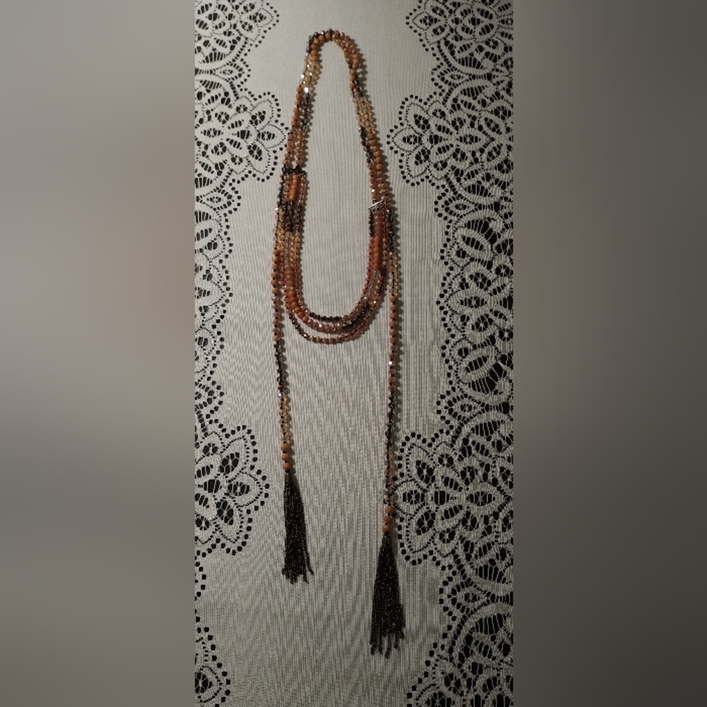 Wrap Brown Glass Beaded Tassel Necklace